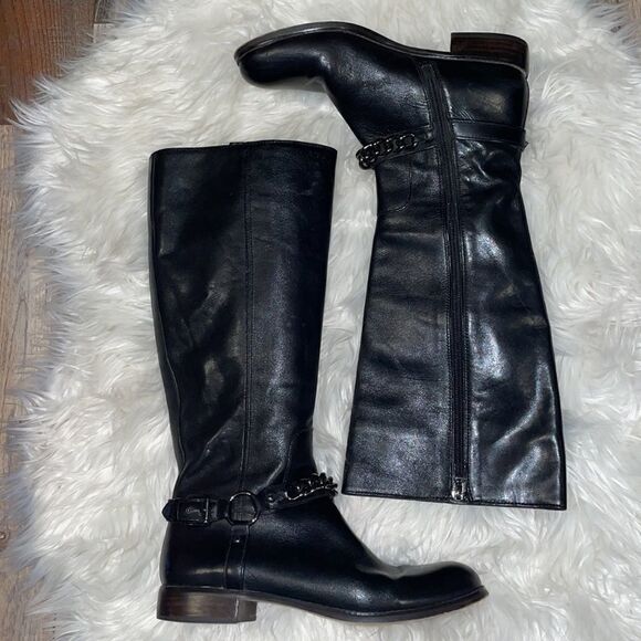 Coach Black Mabel Leather Chain Buckle Knee High Riding Boots - Picture 2 of 10
